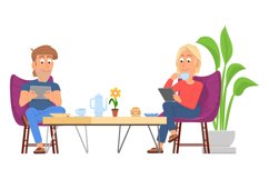 Digital addicts characters. Couple sit at coffee table with Product Image 1