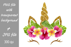 Unicorn face Sublimation Designs Tropical flower golden horn Product Image 1