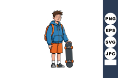 Boy standing with skateboard wearing blue hoodie and orange Product Image 1