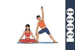 Young man and woman exercising together doing yoga and stret Product Image 1