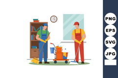 Two janitors cleaning floor with mops and cleaning cart in i Product Image 1