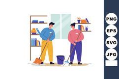 Two People Cleaning Floor with Mop and Broom in Bright Room Product Image 1