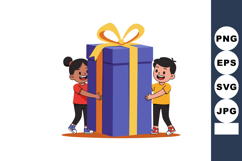 Children carrying large purple gift box with yellow ribbon i Product Image 1