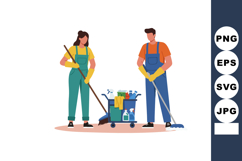 Cleaning workers mopping floor with janitorial cart and supp Product Image 1