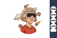 Girl wearing virtual reality goggles exploring outer space w Product Image 1