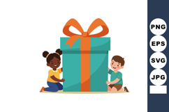 Children hugging large gift box with orange ribbon in playfu Product Image 1