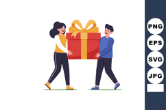 Young man and woman carrying large red gift box with golden Product Image 1