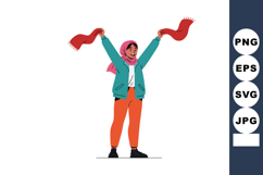 Woman Wearing Scarf and Winter Clothes Holding Red Scarf Up Product Image 1
