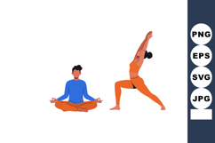 Yoga poses with man meditating and woman stretching in orang Product Image 1