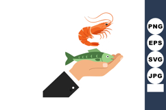 Hand Holding Fish and Shrimp Illustration for Seafood and Fr Product Image 1