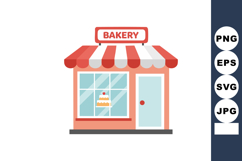 Bakery shop storefront with striped red and white awning and Product Image 1