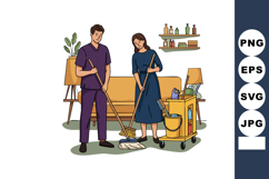 Man and Woman Cleaning Together with Mop and Broom in Cozy L Product Image 1