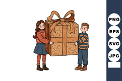 Children holding large gift box with ribbon vector illustrat Product Image 1