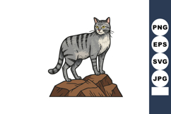 Grey striped cat standing on brown rocks vector illustration Product Image 1