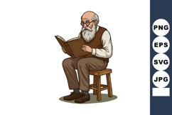 Elderly man reading book seated on wooden stool vector illus Product Image 1
