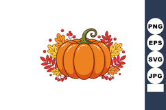 Pumpkin with orange leaves and red berries autumn harvest il Product Image 1