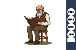 Elderly man with glasses reading book sitting on wooden stoo Product Image 1