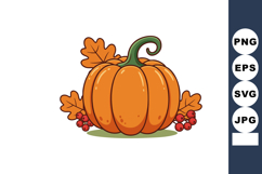 Orange pumpkin with autumn leaves and red berries vector ill Product Image 1