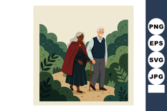 Elderly couple walking on garden path surrounded by green bu Product Image 1