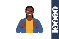 Smiling woman giving thumbs up positive gesture in blue card Product Image 1