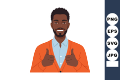 Man Giving Thumbs Up Wearing Orange Cardigan and Blue Shirt Product Image 1
