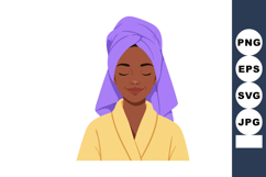Woman with purple towel on head wearing yellow bathrobe peac Product Image 1