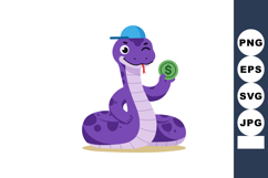 Purple cartoon snake with blue cap holding green coin vector Product Image 1