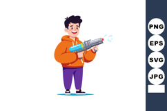 Boy in orange hoodie playing with water gun on white backgro Product Image 1