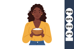 Woman holding bowl with food in yellow top and blue jeans ve Product Image 1