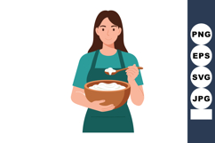 Woman holding wooden bowl with white food and spoon cooking Product Image 1