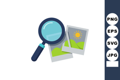 Magnifying glass inspecting photos with sunny landscape illu Product Image 1
