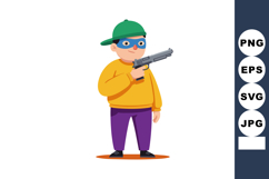 Boy wearing green cap and mask holding toy gun in casual out Product Image 1