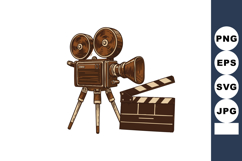 Vintage Movie Camera and Clapperboard Illustration with Brow Product Image 1