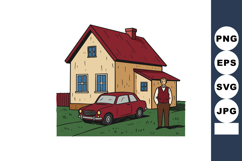 Red Roof House with Vintage Red Car and Man Standing on Gree Product Image 1
