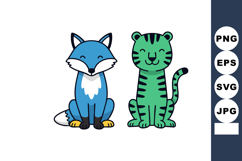 Blue fox and green tiger sitting cartoon animals vector illu Product Image 1