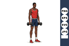 Muscular man exercising with dumbbells in red tank top and b Product Image 1