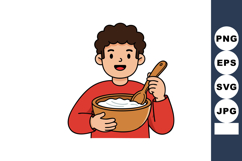 Boy stirring bowl with wooden spoon cooking or baking activi Product Image 1