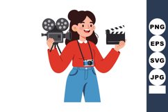 Young woman holding vintage movie camera and film clapperboa Product Image 1