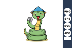 Cute green snake cartoon character holding coin with blue ha Product Image 1