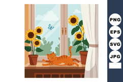 Orange cat stretching near sunflower plants and blue butterf Product Image 1