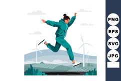 Woman in teal tracksuit jumping outdoors near wind turbines Product Image 1