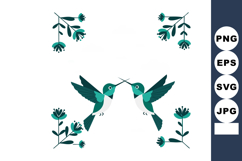 Two hummingbirds facing each other with teal flowers and lea Product Image 1