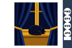 Sleeping black cat on windowsill with dark blue curtains vec Product Image 1