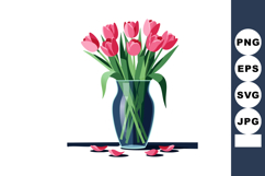Pink tulip flowers bouquet in blue glass vase with fallen pe Product Image 1