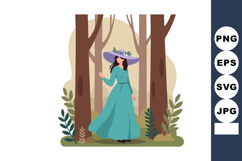 Woman in long teal dress and purple hat walking in forest su Product Image 1