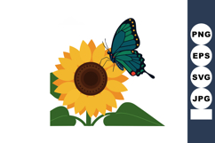Butterfly on yellow sunflower with green leaves vector illus Product Image 1