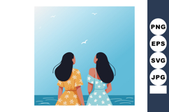 Two women watching sea with birds flying blue sky summer dre Product Image 1