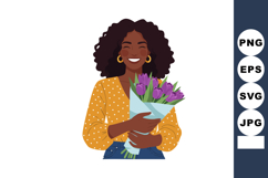 Woman holding bouquet of purple tulips smiling with curly ha Product Image 1