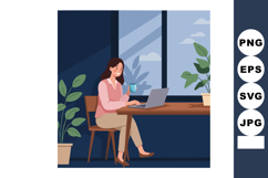Woman working on laptop drinking coffee in modern home offic Product Image 1