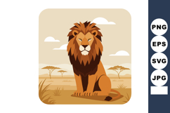 Lion sitting with brown mane on savanna landscape with acaci Product Image 1